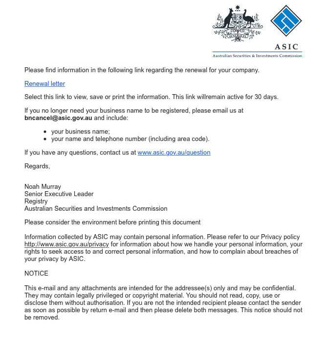 ASIC Scam Letter